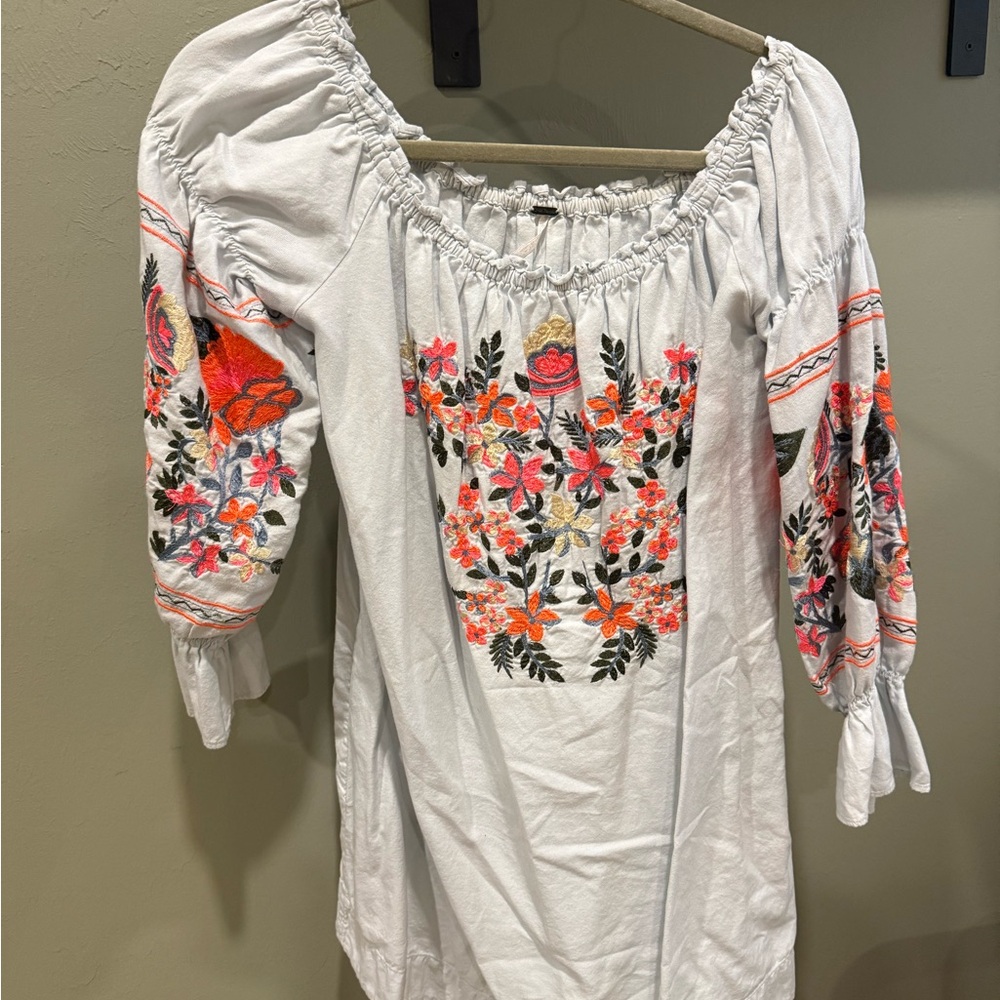 Free People Light Blue Off the Shoulder Dre with Pink & Orange Floral Embroidery